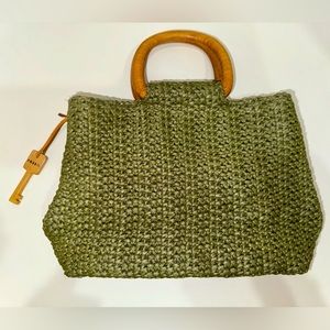 Fossil Green Knit Boho Straw Raffia Handbag with Wood Handles